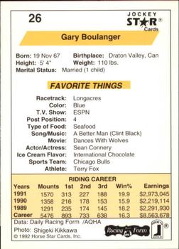 1992 Jockey Star #26 Gary Boulanger Back